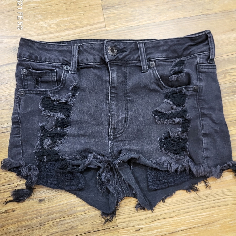 AEO Black Distressed Hi-Rise Shortie Short Size 8